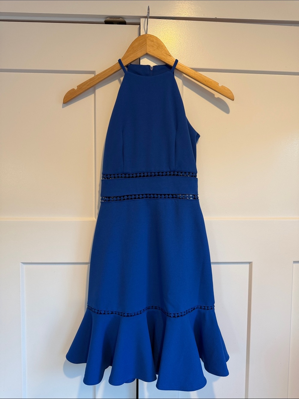 B. Darlin Junior Size 0 Royal Blue Halter Fit & Flare Dress Cutout Ruffle Hem